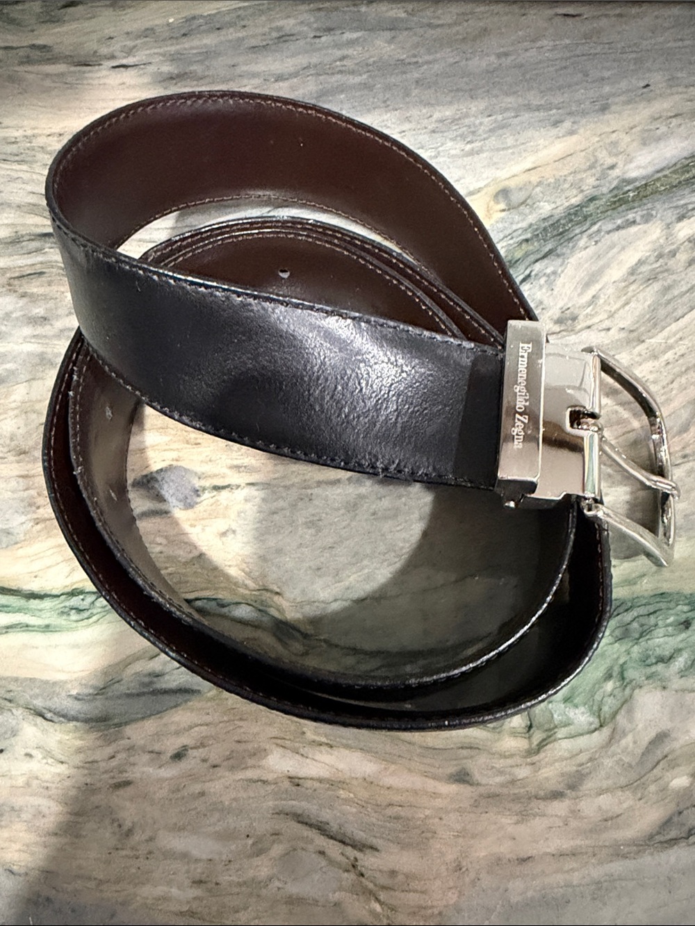 Ermenegildo Zegna Black and Brown Reversible Leather Belt with Silver Buckle
